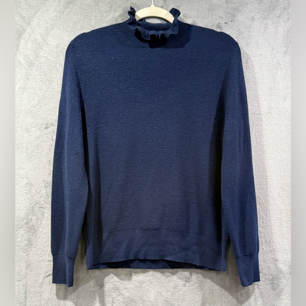 J.Crew Ruffle Mock Neck Merino Wool Blend Soft Navy Blue Sweater  Women’s Size L